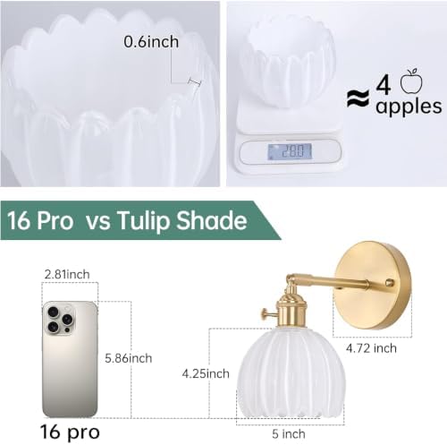 Shenmoyl Vintage Wall Sconces with White Tulip Glass Lampshade 180 Degree Adjustable Brass Sconces Hradwired Modern Wall Lighting Fixture with Switch for Bedside Bedroom Doorway - Image 3