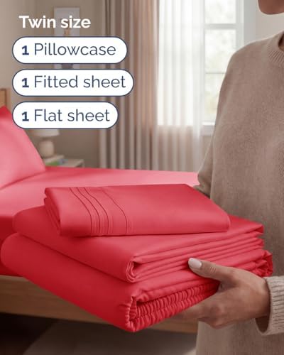 Twin Size 3 Piece Sheet Set - Comfy Breathable & Cooling Bed Sheets - Red - Image 3