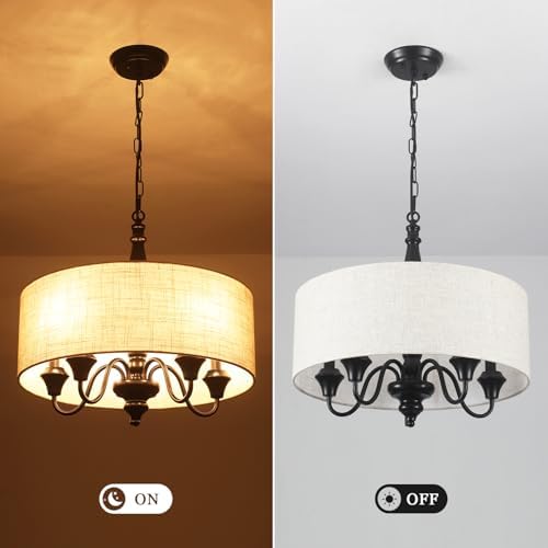 5-Light Drum Chandelier for Dining Room, 18'' Farmhouse Chandelier with Linen Shade, Round Fabric Drum Hanging Light Fixture for Entryway, Foyer, Living Room, Bedroom, Black - Image 6