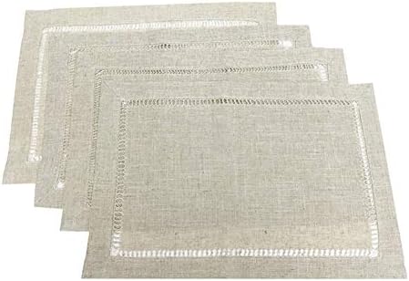 Fennco Styles Toscana Contemporary Hemstitched Linen Blend 14 x 20 Inch Place Mats for Dinner Table, Parties, Wedding Decorations, Natural, Set of 4 by FenncoStyles