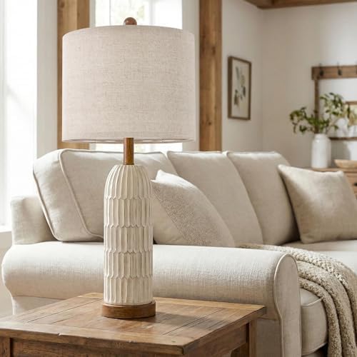OYEARS 26.5" Bedside Table Lamps Set of 2, Farmhouse Table Lamp with USB A+C Charging Ports,Vintage Nightstand Lamp for Bedrooms and Living Rooms, Retro Resin End Table Lamp with Linen Shade, Brown - Image 4