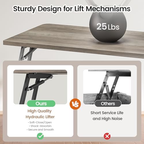 SEDETA 31.5" Lift Top Coffee Table with Storage, Square Coffee Tables for Living Room, Farmhouse Coffee Table with Large Hidden Storage Compartment and Adjustable Shelves, Grey - Image 6