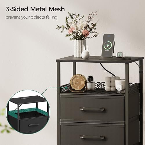 JARHETUN Nightstand Set of 2, Night Stands with Charging Station, 26.4 Inch Tall Bedside Table with Metal Shelf, Modern Side End Table with 3 Fabirc Drawers, Small Dresser for Bedroom, Black - Image 5
