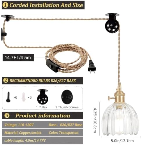 Shenmoyl Plug in Pendant Light Hanging Light Fixture Corded On/Off Switch Brass Pendant Light with Clear Tulip Glass Lampshade for Bedroom Living Room Kitchen Island - Image 6