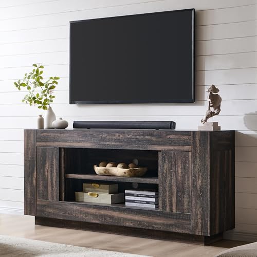 OKD 70" TV Stand for 80" TV, Thick Block Media Console, Dark Rustic Oak by OKD