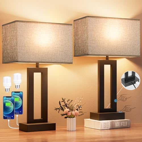 Seealle Nightstand Table Lamps for Bedrooms Set of 2 - Touch Bedside Lamp with USB C+A, 3 Way Dimmable Living Room End Tables 2, Modern Night Stand Bed Side Guest Room(Grey) B. Grey by SeealleLighting