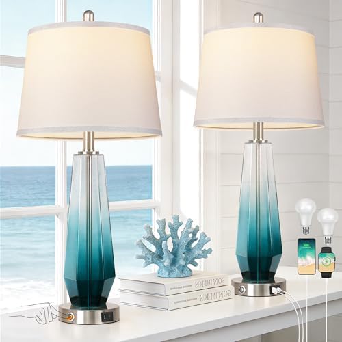 QiMH Glass Table lamps for living room, Modern Bedside Lamps for Bedrooms,27.5" Tall Nightstand Lamps Set of 2 with 3-Way Dimmable Touch Control, White Linen Shade,USB A/C Charging Ports,Gradient Teal by Qimh