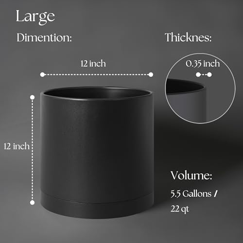 Giraffe Creation 12 Inch Cylinder Plant Pot, Modern Round Planter with Drainage Holes and Saucer, Lightweight Plastic Flower Pot for Indoor Outdoor Plants, Black - Image 3