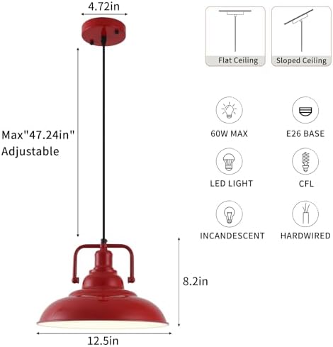 Red Farmhouse Pendant Lights 3 Packs, Metal Pendant Lights Kitchen Island, Industrial Pendant Light, Hanging Island Pendant Light, Barn Light for Kitchen, Living Room, Bedroom, Hallway - Image 2