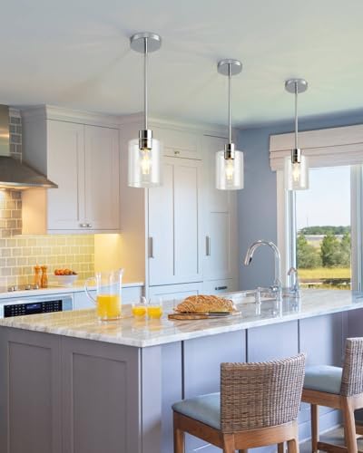 Chrome Pendant Lights Kitchen Island - Clear Glass Pendant Light Fixture Multiple Stems Rods 3 Units 12 Inch 3 Units 4 Inch (2 Pack Chrome Downrod) - Image 2