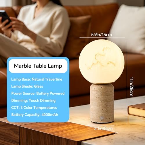 Natural Travertine Table Lamp Cordless Rechargeable Marble Touch Night Light with Glass Shade 3 Color Adjustable LED Dimmable Ambient Lighting for Bedroom Living Room Desk Shelf - Image 3