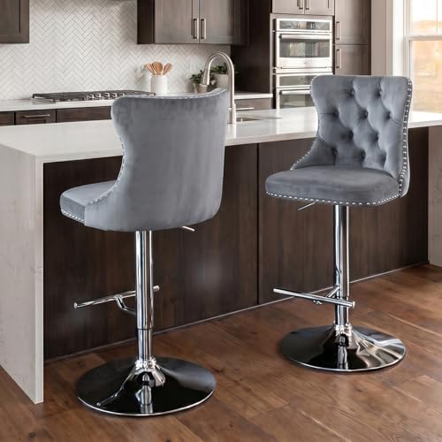 SoarFlash Velvet Bar Stool Set of 2, Adjustable Swivel Bar Stools with Silver Plated Metal Leg, Button Tufted, Footrest, Chrome Nailhead, Counter Height Chair for Kitchen, Bar, Dining Room (Grey) - Image 3