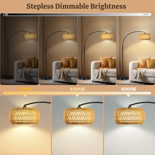 Arc Floor Lamp for Living Room, Rattan Boho Floor Lamp with Remote Control, Black Standing Lamp with 3 Color Temperatures & Dimmable LED Bulb, Tall Lamp for Bedroom, Over Couch Arched Reading Light - Image 6