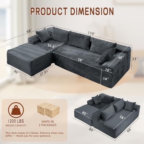 Korser 110" L-Shaped Modular Sectional Sofa with Chaise, Boneless Comfy Corduroy Fluffy Couch with Deep Seat and Side Pockets, Flexible Module Combination for Living Room, No Assembly, Side Pockets - Image 3