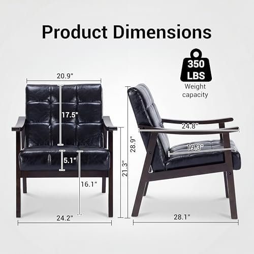 Leather Accent Chair, Mid Century Modern Armchair, Solid Wood Arm Chair, Upholstered Comfy Reading Chair for Living Room, Bedroom, Waiting Room, Black - Image 2