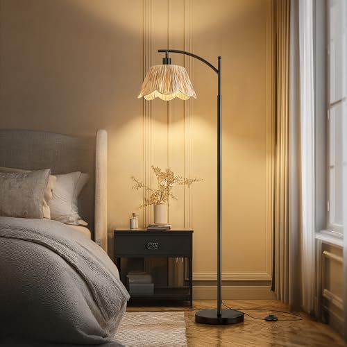 Oneach Arc Floor Lamp for Living Room,Rattan Boho Floor Lamp with Hand-Woven Shade, Foot Switch,Black Metal Base & Pole,Farmhouse Standing Lamp for Bedroom Corner,Reading - Image 4