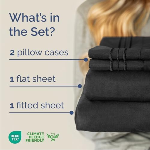 Queen Size 4 Piece Sheet Set - Comfy Breathable & Cooling Sheets - Black - Image 2