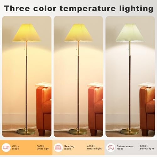 Pleated Lampshade Tall Floor Lamp for Living Room Corner Bedroom Bedside Office, Brown Pole Lamp, Bright 12W Dimming Reading Light, Modern Cute Unique Retro Standing lamp,Farmhouse Vintage Home Decor - Image 3