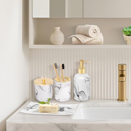 Haturi Bathroom Accessories Set, 4 Pcs Marble Look Sets Soap Dispenser & Toothbrush Holder Counter Top Restroom Apartment Decor Stuff, Glass Kits, Gift for Women and Men, Ink White - Image 2