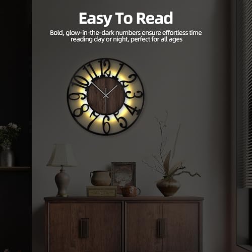 24 Inch Large Metal Wall Clock with Voice and Light Sensor Night Light, Glow in The Dark Non-Ticking Silent Battery Operated Decorative Oversized Wall Clock for Bedroom Living Room Decor - Image 5