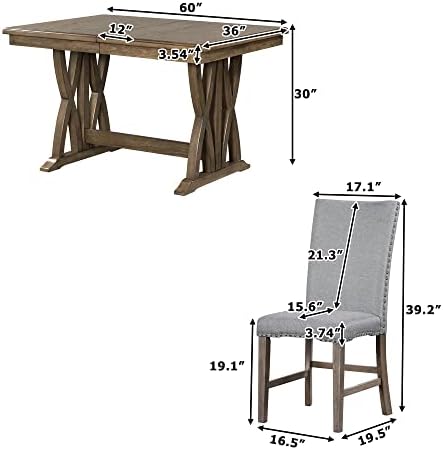 Mid-Century Extendable Dining Table Set for 6, Solid Wood 7-Piece Dining Table Set with 6 Upholstered Chairs and 12" Leaf, Home Breakfast Kitchen Dining Room Set for 6, Retro X Cross Trestle Base - Image 6