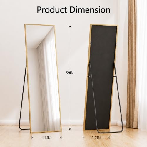 Aluminum Frame Mirror, 59"x16" Full Length Mirror with Stand, Free Standing Leaning Mirror Hanging Mounted Mirror for Bathroom Living Room, Gold - Image 3