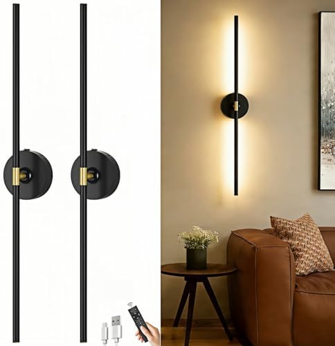 Battery Operated Wall Sconce Set of 2: 10000mAh Wireless Sconces Rechargeable Wall Lights with Touch and Remote, 360° Rotate Cordless Wall Lamp for Bedroom Living Room Hallway, 31.5 Inch, Black by iThirdHomeOutdoorLighting