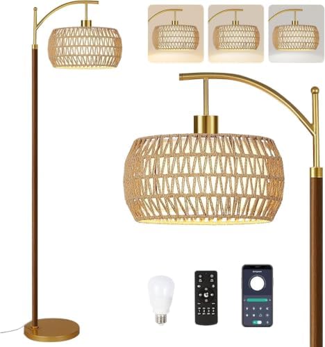 ZECOXOL Wood Floor Lamps for Living Room Arc Boho Floor Lamp with Remote Control & 3 Color Temperatures,Vintage Wicker Rattan Standing Lamp Dimmable Tall Floor Lamp for Bedroom Living Room Corner by ZECOXOL