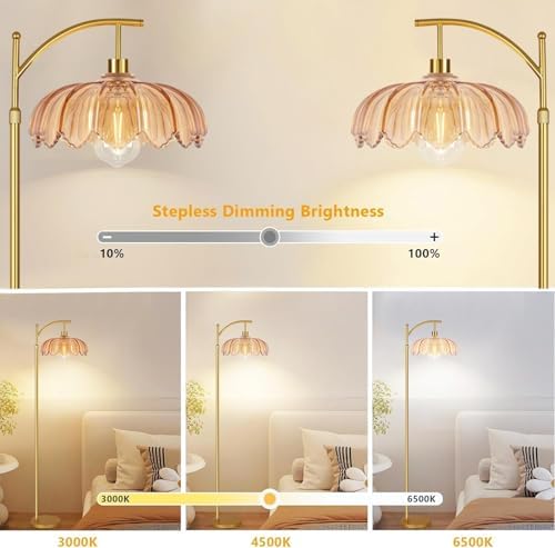 Arc Floor Lamp for Living Room Gold Floor Lamp with Remote Control,Dimmable Floor Lamps With Glass Lampshades,Mid Century Modern Standing Lamp Tall Vintage Flower Floor Lamps for Bedroom,Corner - Image 2