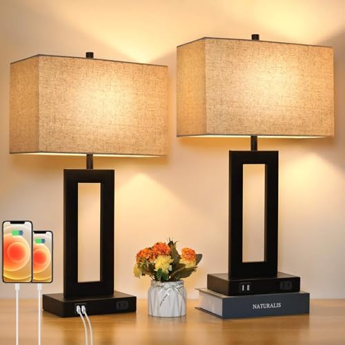 TOBUSA 22" Table Lamp Set of 2, Modern Nightstand Lamp with 2 USB Ports by TOBUSA