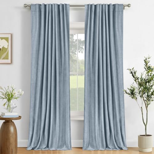 Faux Linen Total Blackout Curtains for Bedroom 96 Inches Long, Dusty Blue by 100BlackoutShield