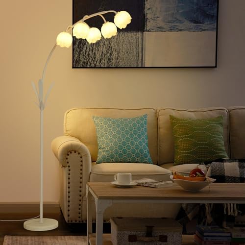 HMVPL White Floral Floor Lamp, Cute Flower Standing Lamp for Bedroom, Modern Tall Lamp with 5 G9 LED Bulbs, Foot Switch, Acrylic Shade, Curved Floor Lamp for Living Room Corner Bedside Kids Home Decor - Image 5