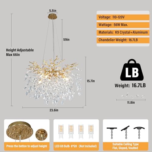 23.6" Modern Gold Tree Branch Chandelier, 8-Light Crystal Chandelier, Luxury Round K9 Crystal Raindrop Chandeliers Pendant Light Fixture for Dining Room Entryway Foyer Bedroom Kitchen Living Room - Image 3