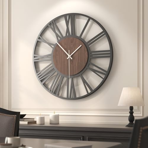 Cuspin 30 Inch Large Wall Clock Black Metal Frame with Walnut Wood Dial - Image 3