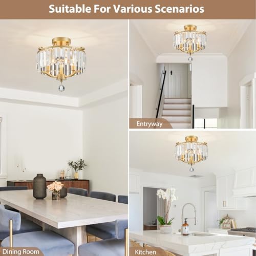 Crystal Gold Chandeliers Modern Farmhouse Small Chandelier 12.2 Inch 3-Light Round Crystal Mini Semi Flush Mount Ceiling Light Fixture for Dining Room Entryway Hallway Kitchen Bedroom Foyer - Image 7