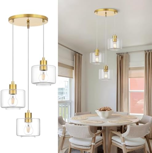 Brushed Gold Dining Room Chandelier Light Fixture, 3-Light Pendant Lighting with Clear Glass, Modern Kitchen Island Cluster Hanging Pendant Lights for Kitchen Dining Room, OS-YQ8153-3BGC by Osimir
