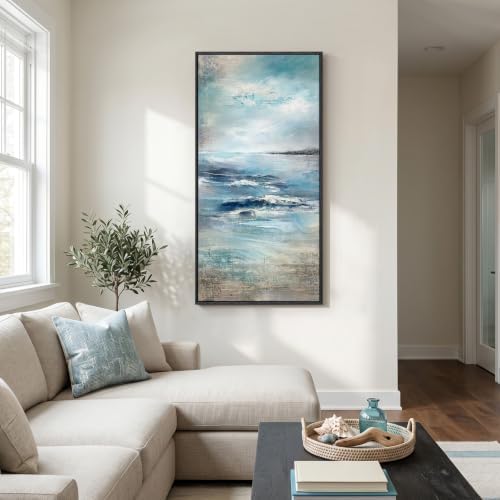 Framed Abstract Coastal Ocean Wall Art, Blue Vertical Art Print, 20x40 Inch - Image 4