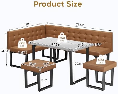 XIAO WEI Corner Dining Table Set for Small Spaces, 72 Inch Breakfast Nook with Storage Banquette, 5 Piece Dining Set with Upholstered Bench, Modern Caramel Brown - Image 2