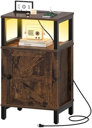 Yoobure Farmhouse Nightstand with Charging Station, Night Stand Barn Door by Yoobure