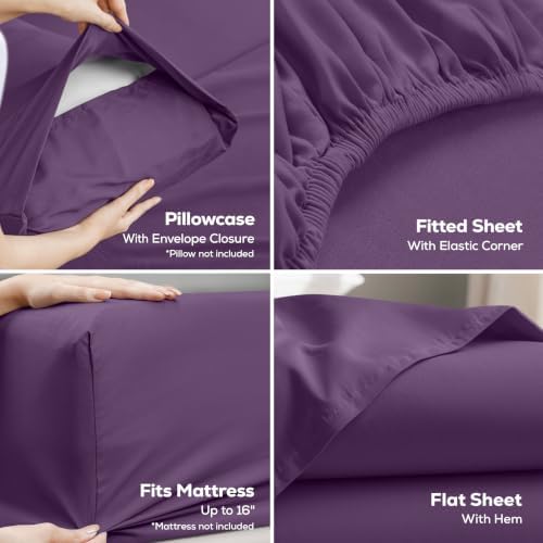 Queen Sheets Set, 4 Pieces 16" Deep Pocket Hotel Luxury Sheets, Egg Plant - Image 3