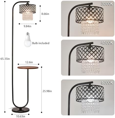 Hsyile Crystal Floor Lamp for Living Room - Marble Base Modern Tall Stand Up Light with Table,Contemporary Over the Couch Lamp Standing Lamps for Bedroom Office Living Room (Black+Mesh Lampshade) - Image 6