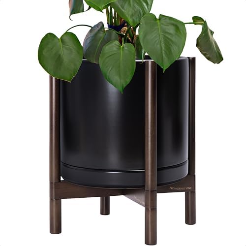 D'vine Dev Ceramic Pot with Walnut Wood Stand, Black, 14 in, 55-B-T-2 by DvineDevPlanterPotsandStand