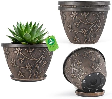 Nooulap 8 Inch Plant Pots with Drainage Hole, 4 Pack, Retro Brown by Nooulap
