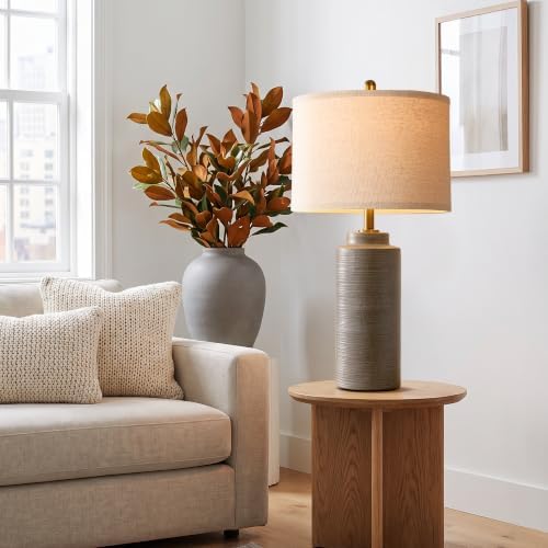 PARTPHONER 27" Vintage Ceramic Table Lamp Set of 2, Rustic Farmhouse Bedside Lamps with Ribbed Textured Finish, Greyish Brown Earth Tone Nightstand Lamps for Living Room Bedroom End Tables Home Decor - Image 5