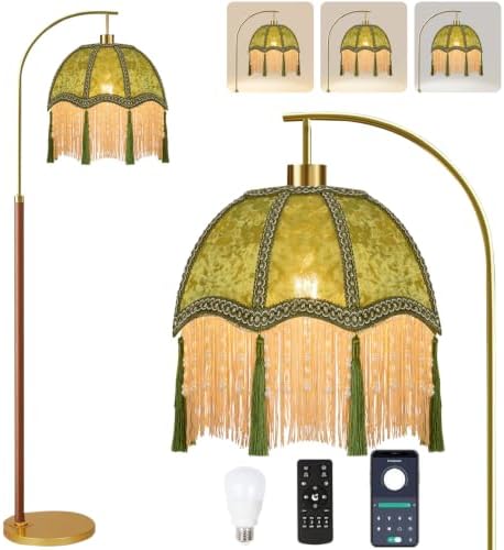 Wood Floor Lamps for Living Room Vintage Gold Floor Lamp with Remote Control & 3 Color Temperature,Dimmable Floor Lamp Mid Century Modern Standing Lamp Green Fringe Tall Floor Lamp for Bedroom Corner by Unknown