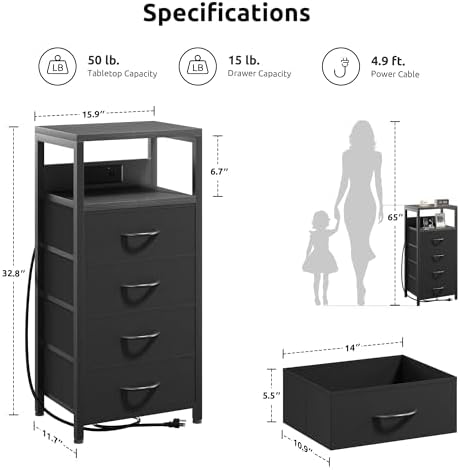 Lazzanto Night Stand with Charger Station, 4 Fabric Drawers, Black - Image 2