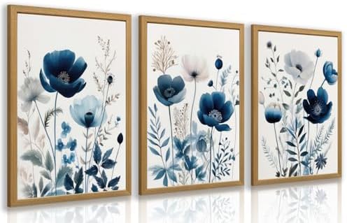 LLEEMPI Navy Blue Floral Wall Art Set of 3, 12x16 Wood Framed Canvas Prints by Unknown