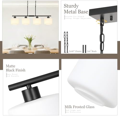 4-Light Kitchen Island Lighting, Modern Black Linear Dining Room Chandelier Light Fixtures with Milk Glass and Chain, Farmhouse Hanging Lights for Kitchen Island Dining Room, OS-YQ8153-4ISBKW - Image 2