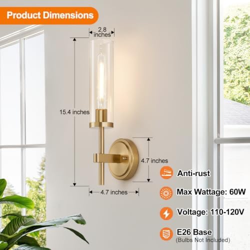 [Hardwired] Wall Sconces Set of Two, Brushed Gold Bathroom Sconces with Clear Glass, Modern Wall Light Fixtures for Bathroom Mirror Vanity, Living Room, Bedroom, Hallway, Stairway, Cabinet, Foyer - Image 4
