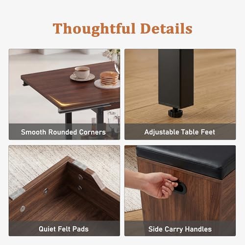 Extendable 6-Piece Breakfast Nook Set with Storage Benches & Stools, Corner Dining Table Set with Wine Glass Holder, Space-Saving Kitchen Table for Indoor/Outdoor Use (Walnut+Black Cushion) - Image 6